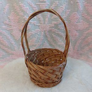 Vintage Round Woven Rattan Basket Wicker with Fixed Handle 12"H x 7"W